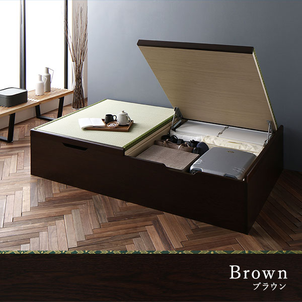 〔組立設置付き〕 跳ね上げ 畳 ベッド セミダブル ロング丈 ライトオーク ヘリ無し ヘッドレス 大容量収納 壁付け設置可 低ホルムアルデヒド 収納ベッド たたみベッド セミダブルベッド