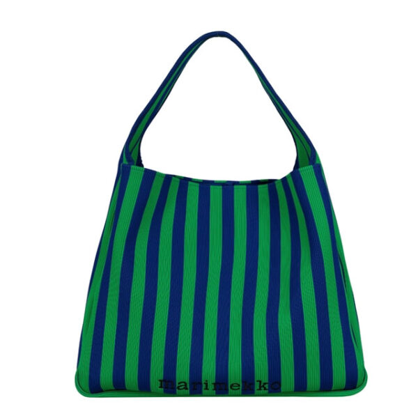 マリメッコ／MARIMEKKO "KNITTED BAG LARGE MERIROSVO SHOULDER BAG・ニットバッグ ラージ メリロスヴォ ショルダーバッグ” ニット素材×メリッロスヴォ・ストライプ柄ワンショルダーバッグ (ブルー×グリ